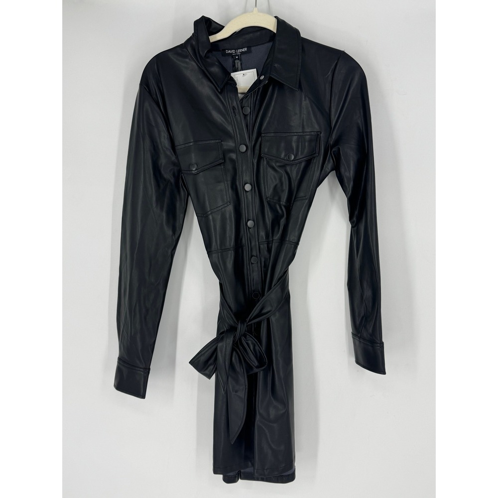 David Lerner New York Black Vegan Faux Leather Mini Shirt Dress Tie Waist Medium